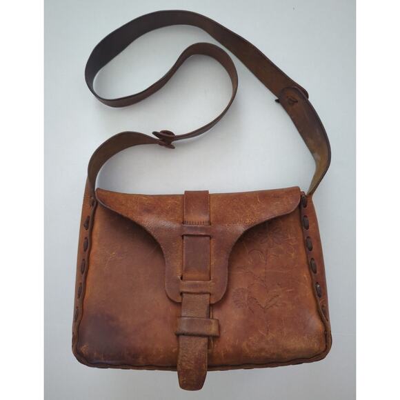 Vtg 60s Tooled Stitched Leather Shoulder Bag Floral detail Rustic Boho Crossbody - Picture 1 of 11